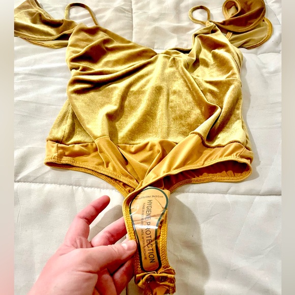 Lulus I'm Flattered Mustard/Light Brown Velvet Bodysuit! - Picture 8 of 14